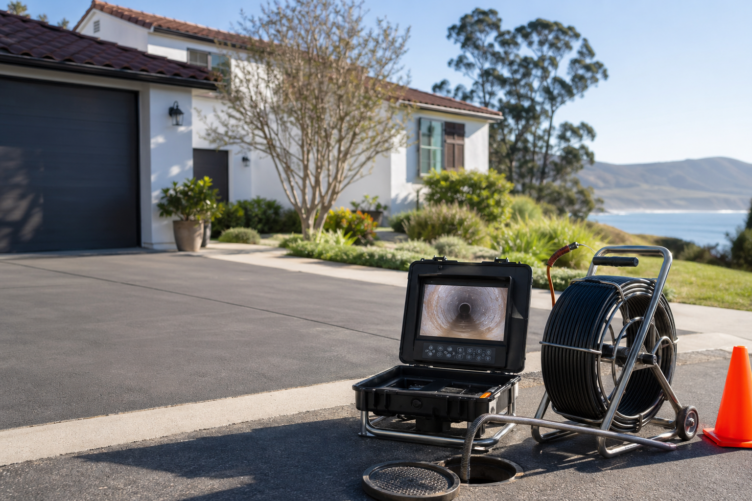 Sewer lateral inspection camera equipment outside a San Luis Obispo home