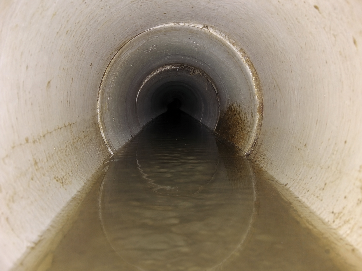 Inspection camera view of standing water in a sewer lateral low spot
